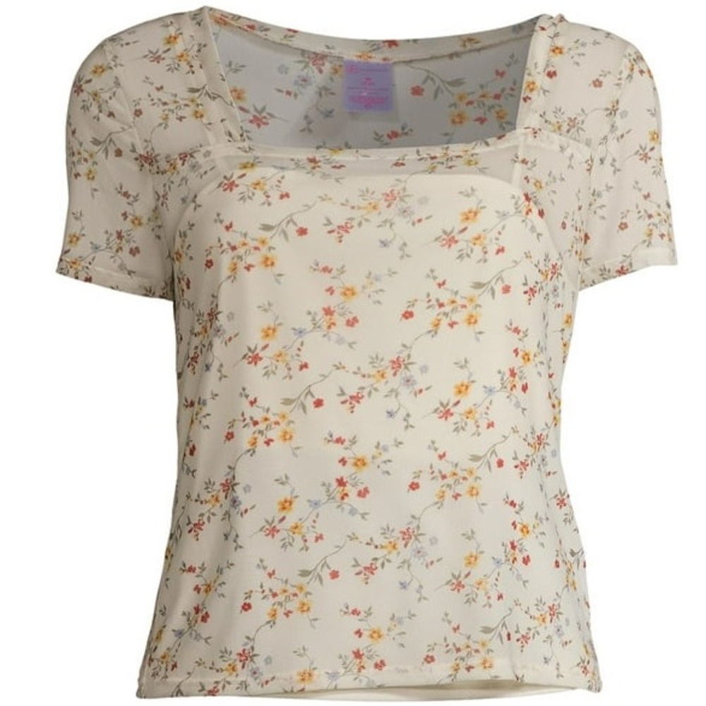 No Boundaries Cream Floral Square Neck Mesh Top - Size XXL